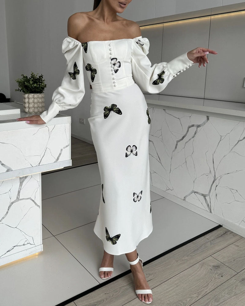 Vestido cola de pez con estampado de mariposas, botones al frente y hombros descubiertos