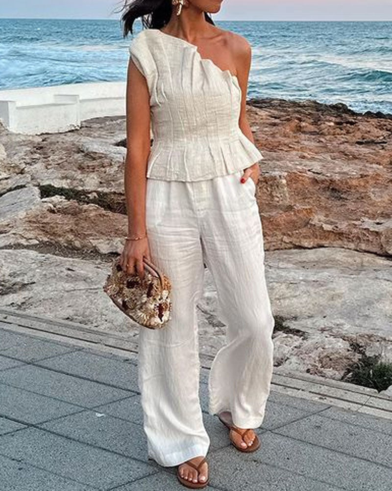 One-Shoulder Textured Pleated Peplum Top Wide-Leg Pants Set