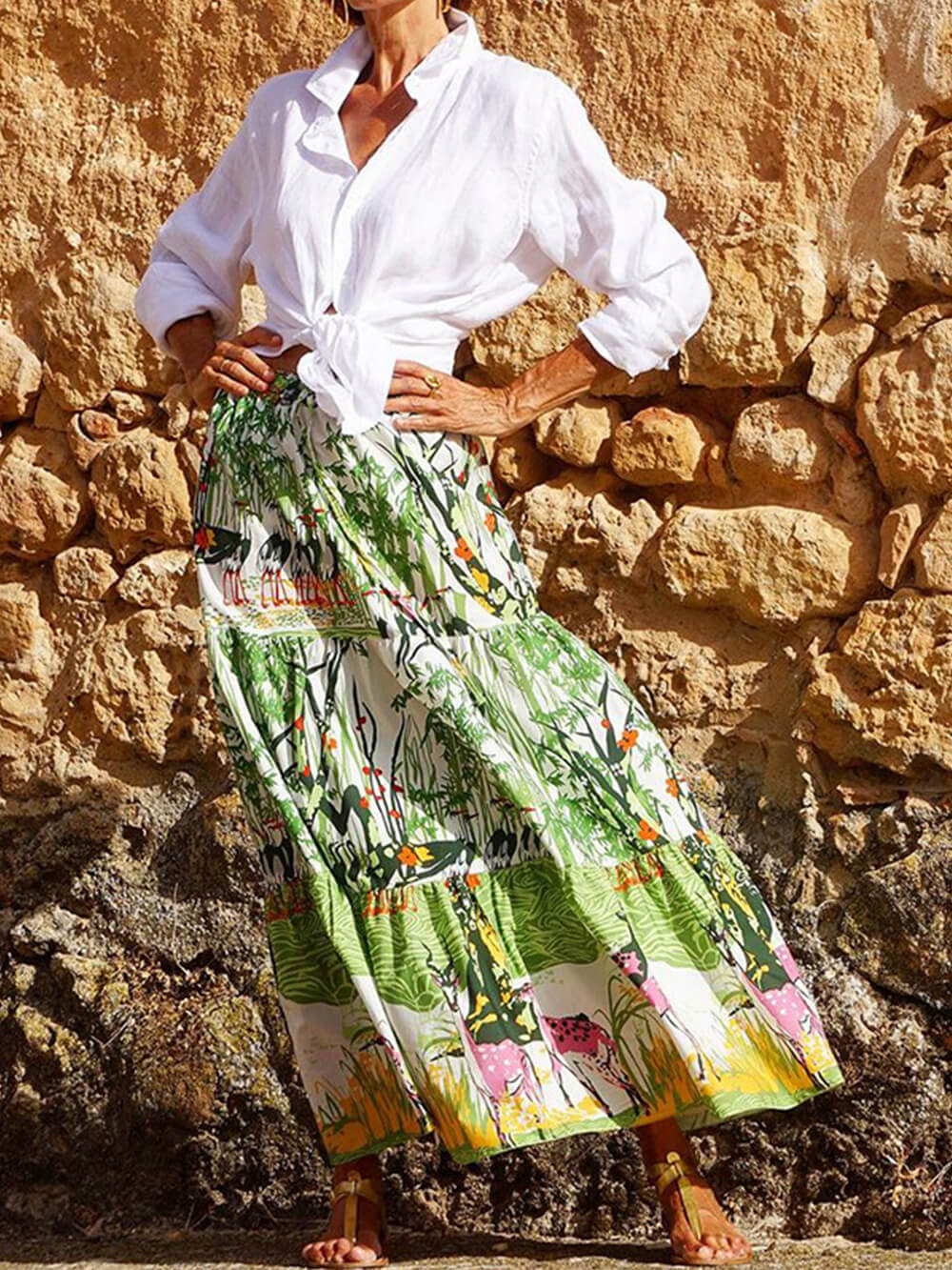 Falda midi en capas de cintura alta con estampado
