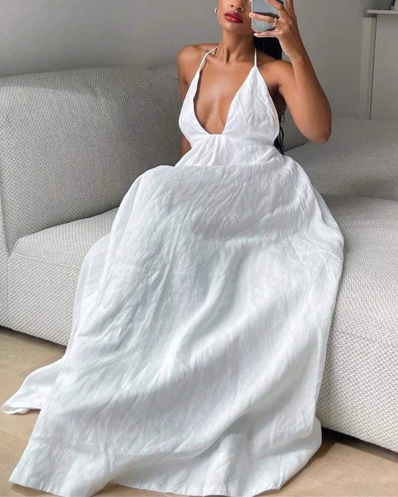 Deep V-neck halter cotton and linen maxi dress