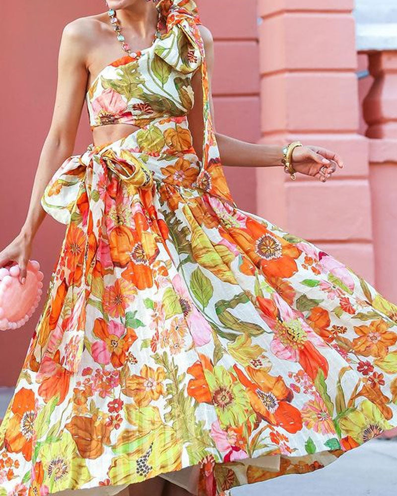 Vestido Midi com Estampado Floral, Recortes e Atilhos, de Um Ombro