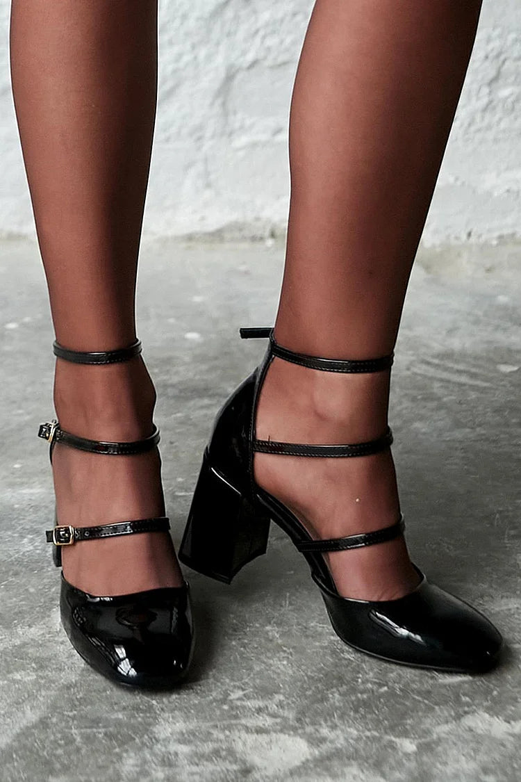 Multi Strap Buckle Round Toe Chunky Heels
