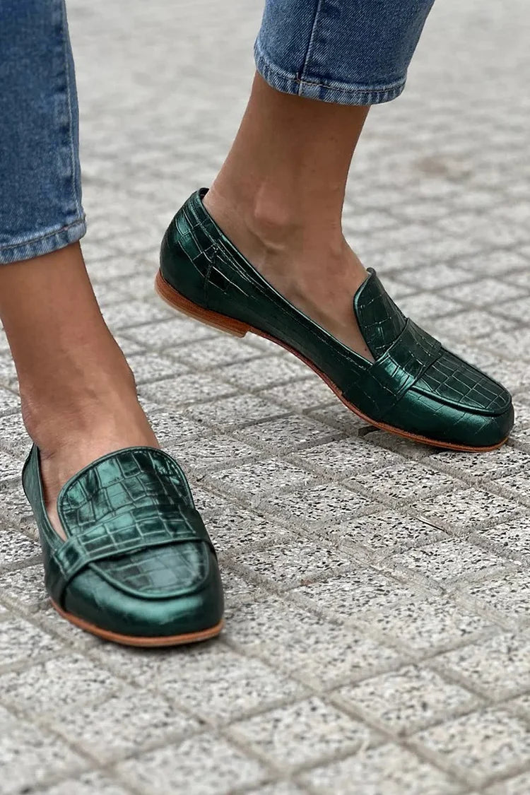 Metallic Sheen Croc-Embossed Square Toe Slip On Loafers