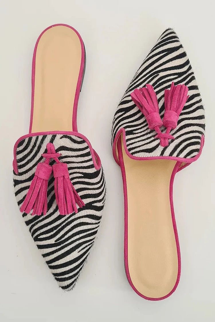 Zebra Print Tassel Pointy Toe Casual Flat Mules