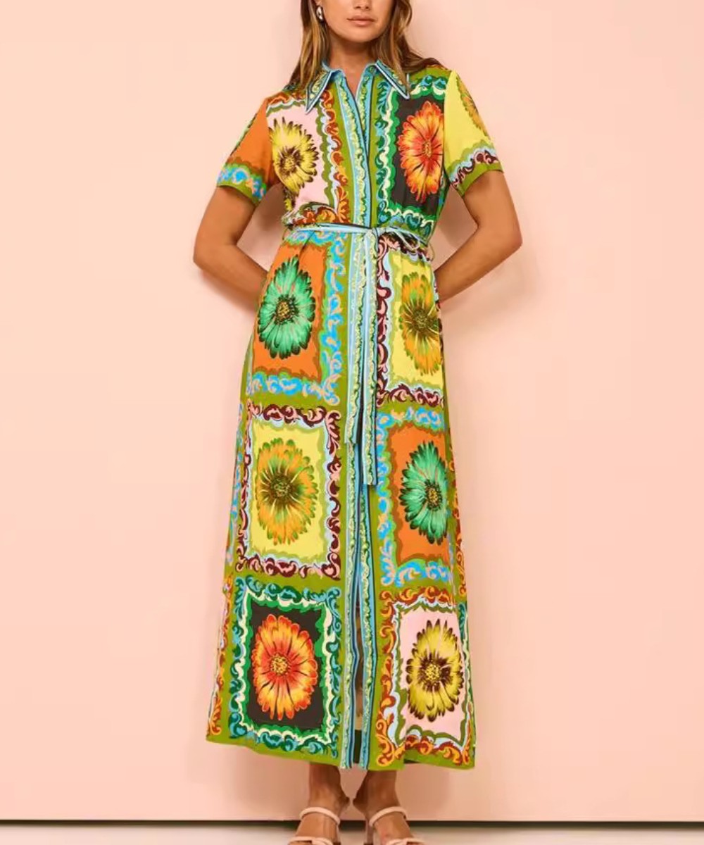 Vestido Maxi de Camisa de Manga Curta com Estampado Floral