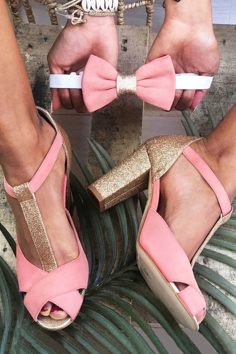 Crossover Strap Glitter Peep Toe Chunky Heels