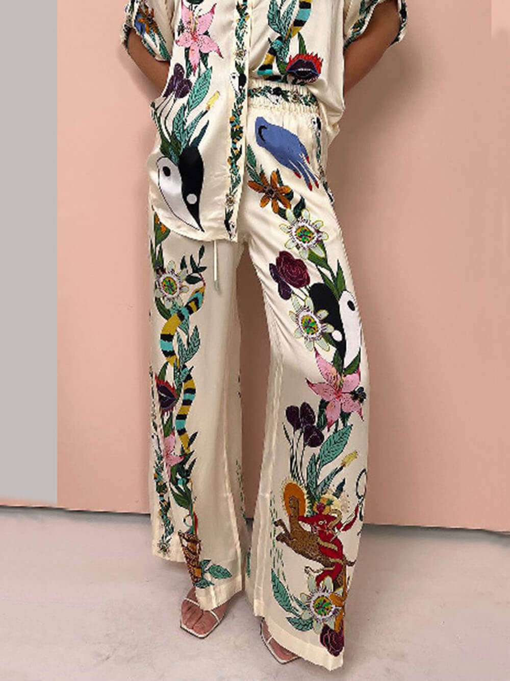 Satin Graphic Print Elastic Waist Wide Leg Pants