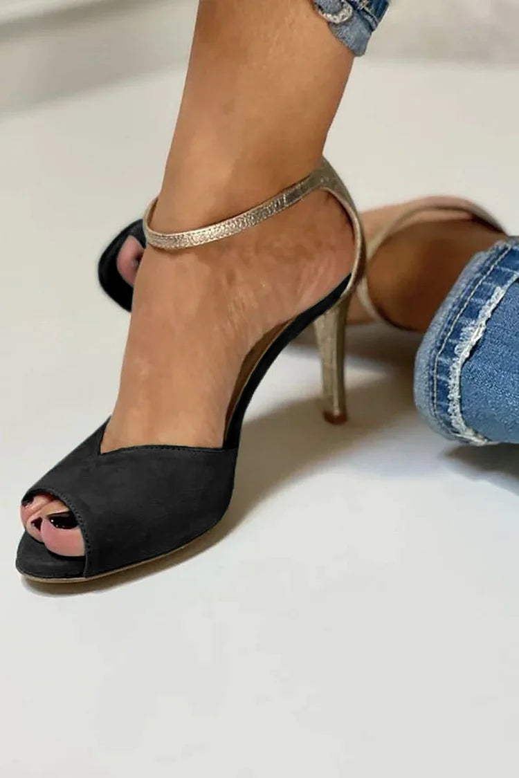Colorblock Peep Strap Buckle Ankle Toe Black Stiletto Heels