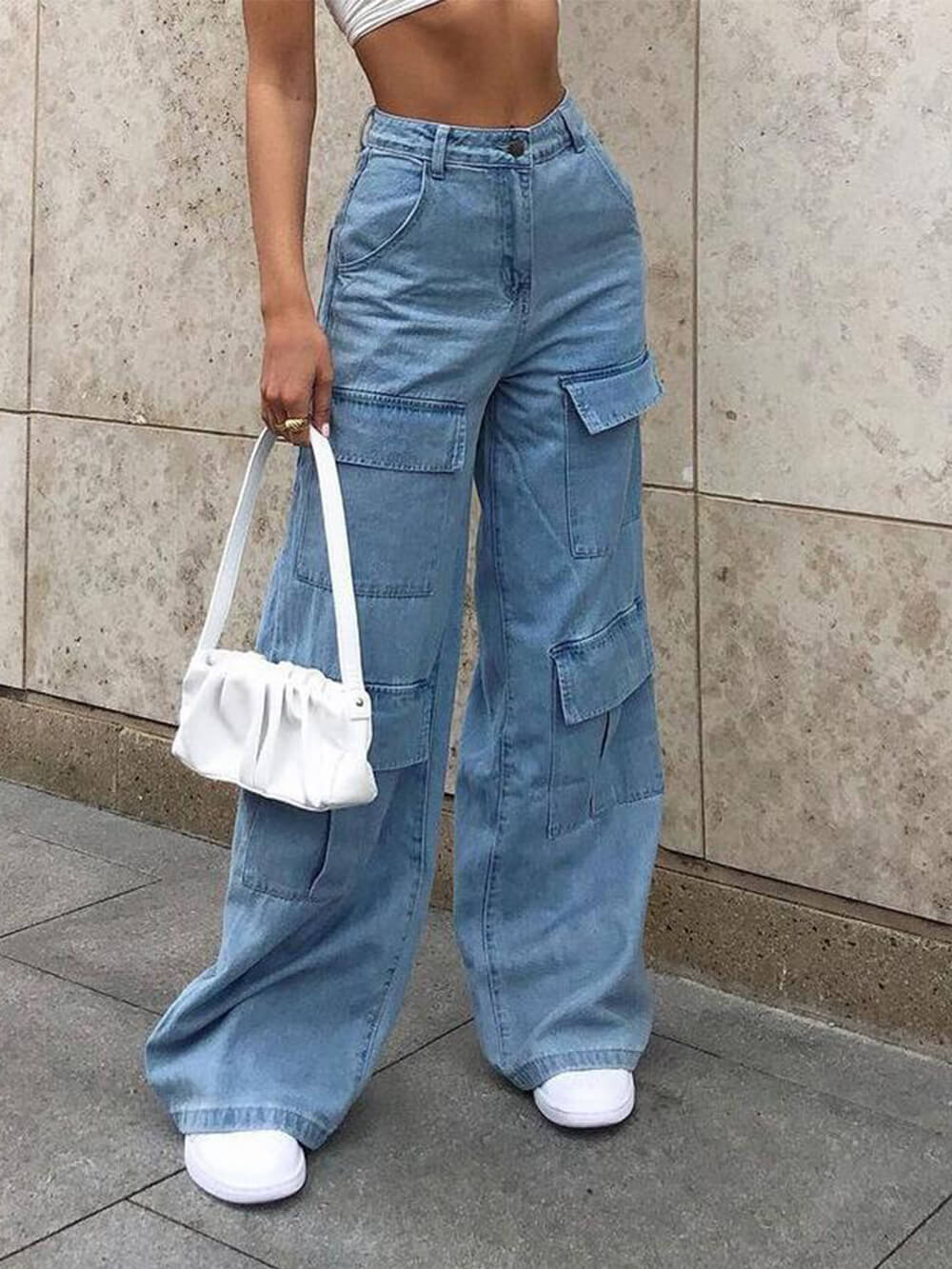 Multi-Pocket Washed Loose-Fit Bodenlange Jeans