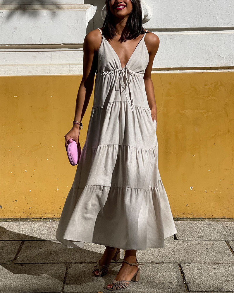 Spaghetti Strap Cotton Linen Tiered Maxi Dress