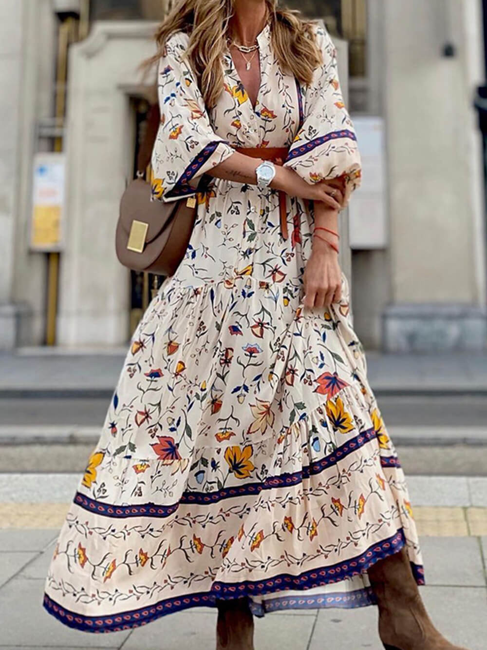 V-Neck Printed Loose Tiered Maxi Dress