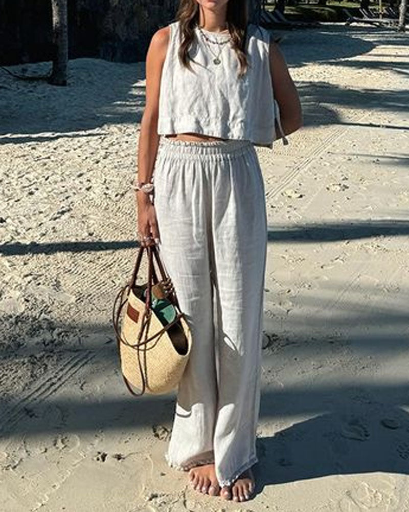 Casual Linen Sleeveless Vest High Waist Wide Leg Pants Set