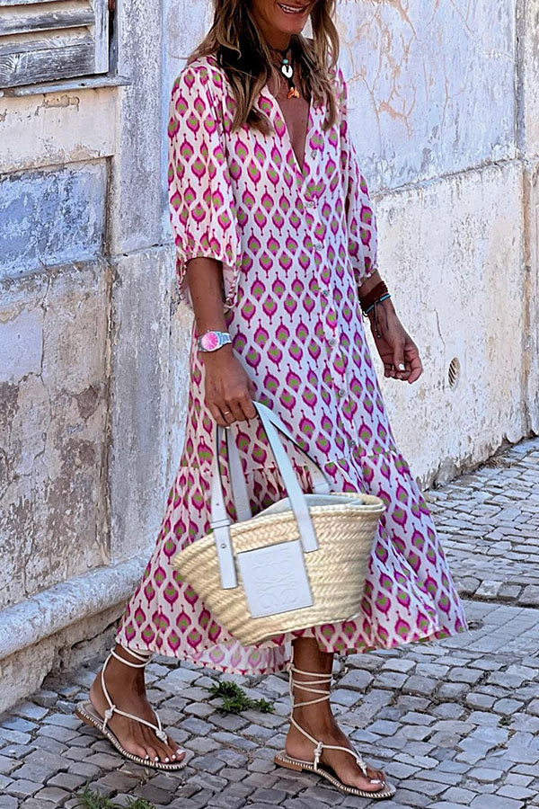 V-neck button front midi dress half sleeves