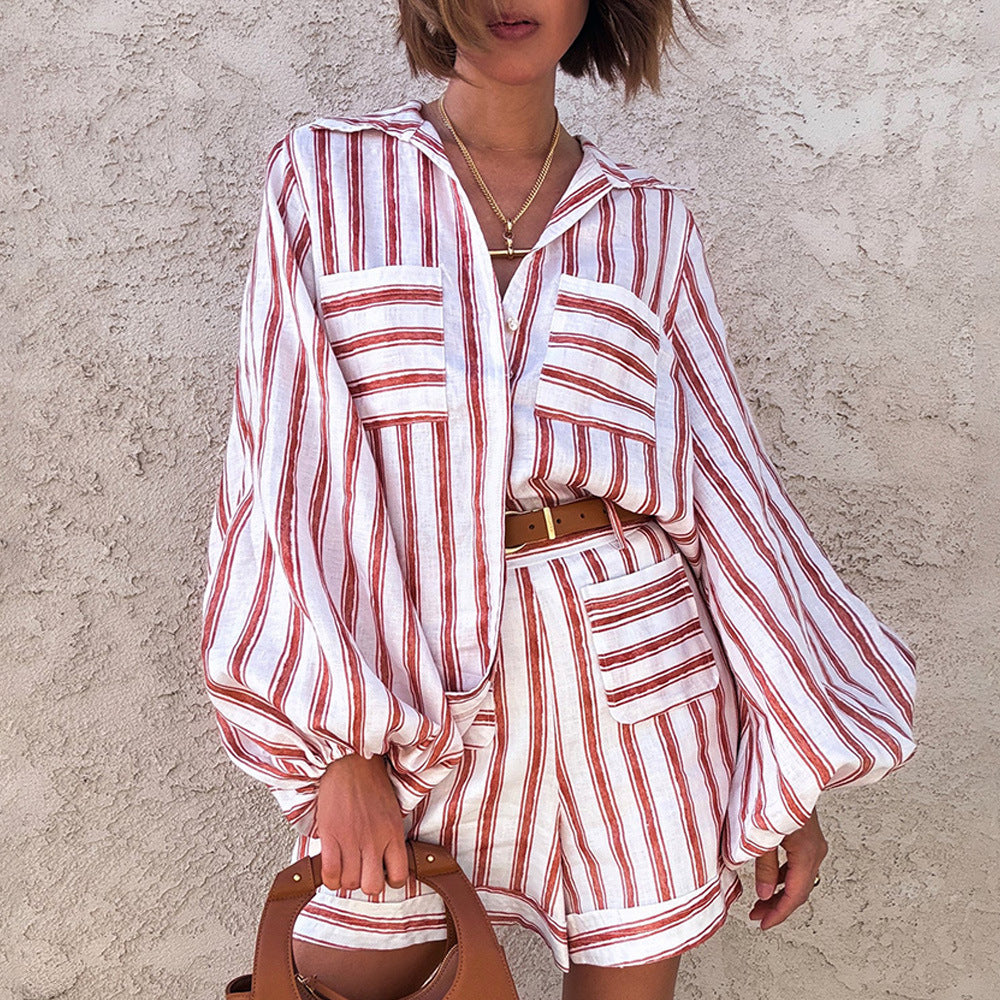 Striped Button-Down Shirt and Shorts Set