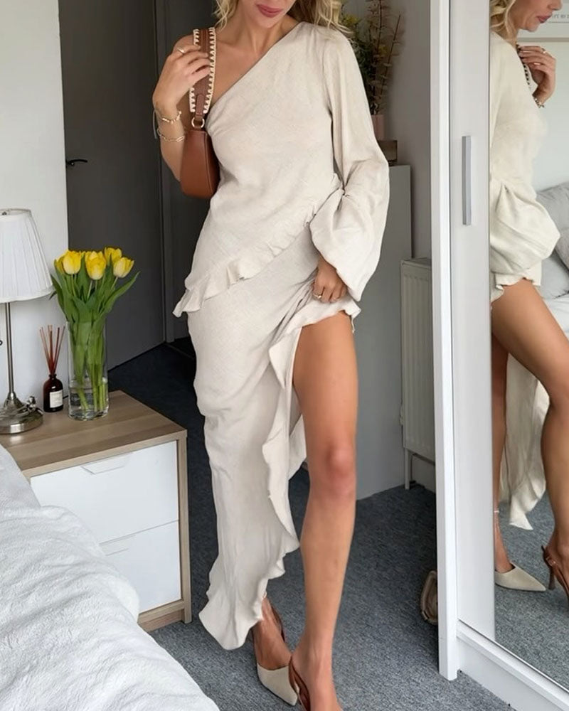 Vestido Comprido de Um Ombro Só em Algodão e Linho com Folhos e Manga Comprida