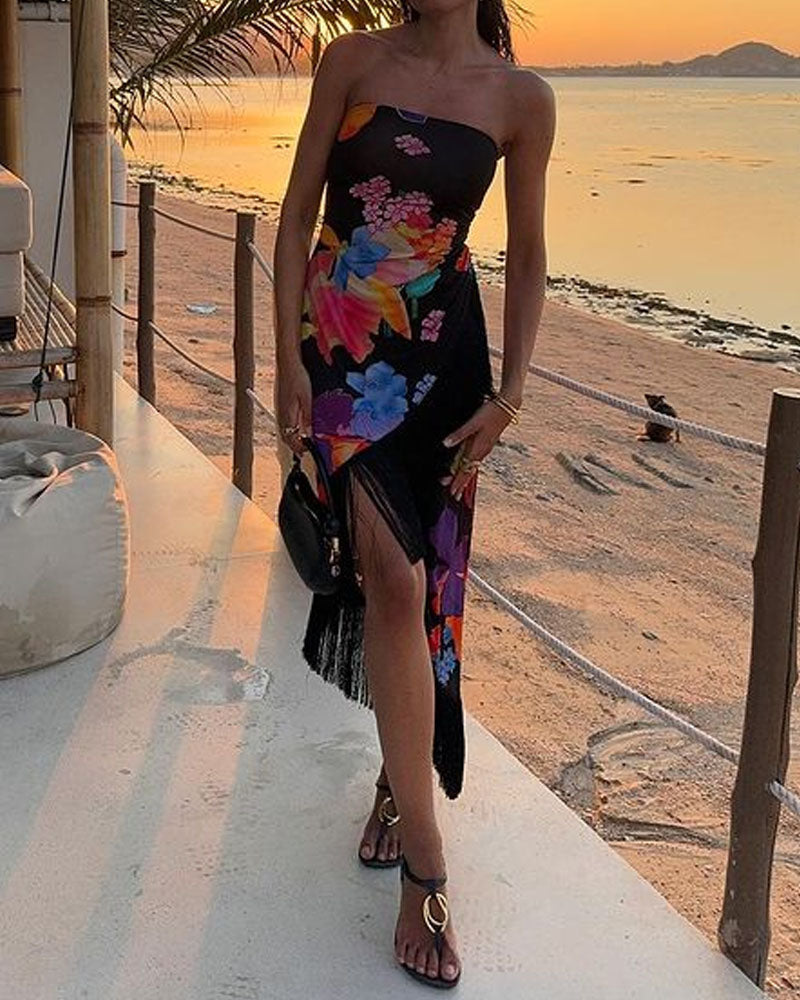 Strapless Floral Print Fringe Maxi Dress