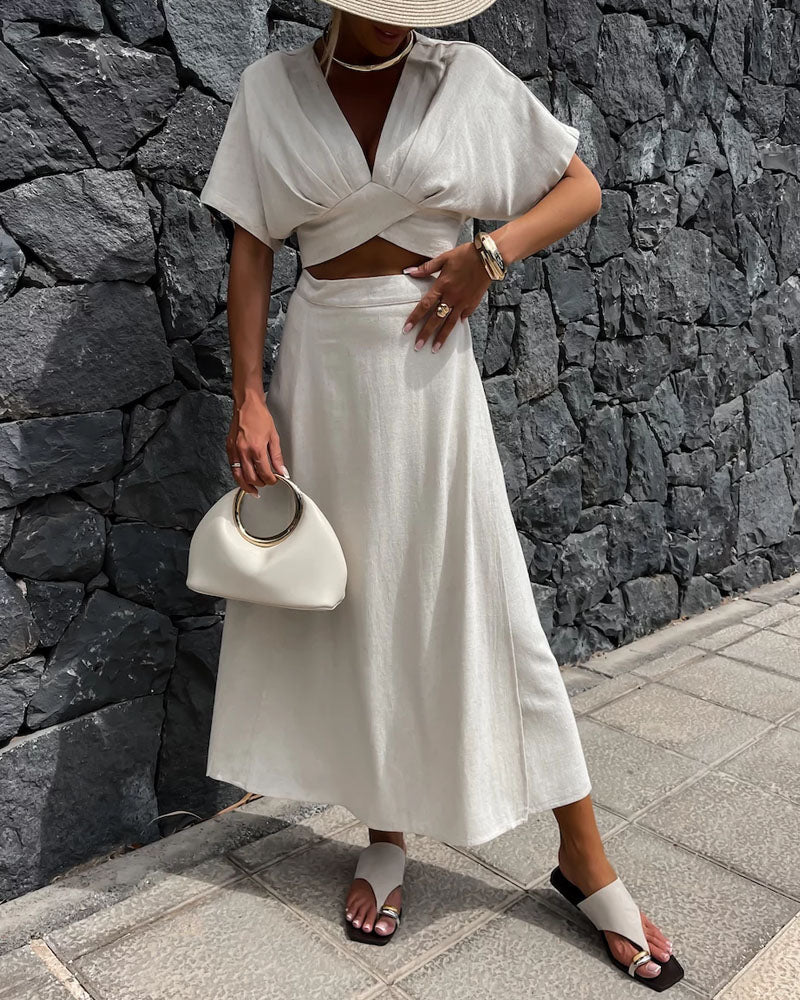 Zweiteiliges Set: V-Ausschnitt Crisscross Crop Top und A-Linien Maxirock