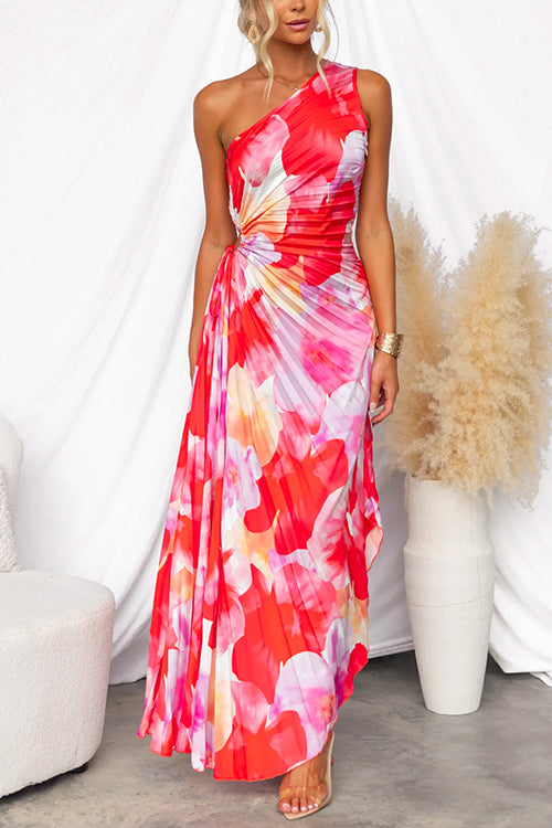 Maxikleid mit One-Shoulder-Träger, ärmellos, Blumenprint, asymmetrisch und plissiert