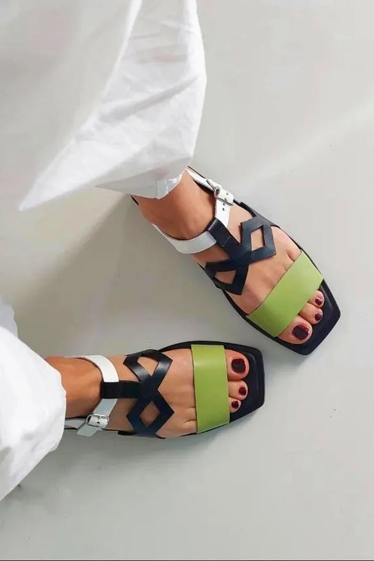 Colorblock Hollow Out Square Toe Buckle Sandals