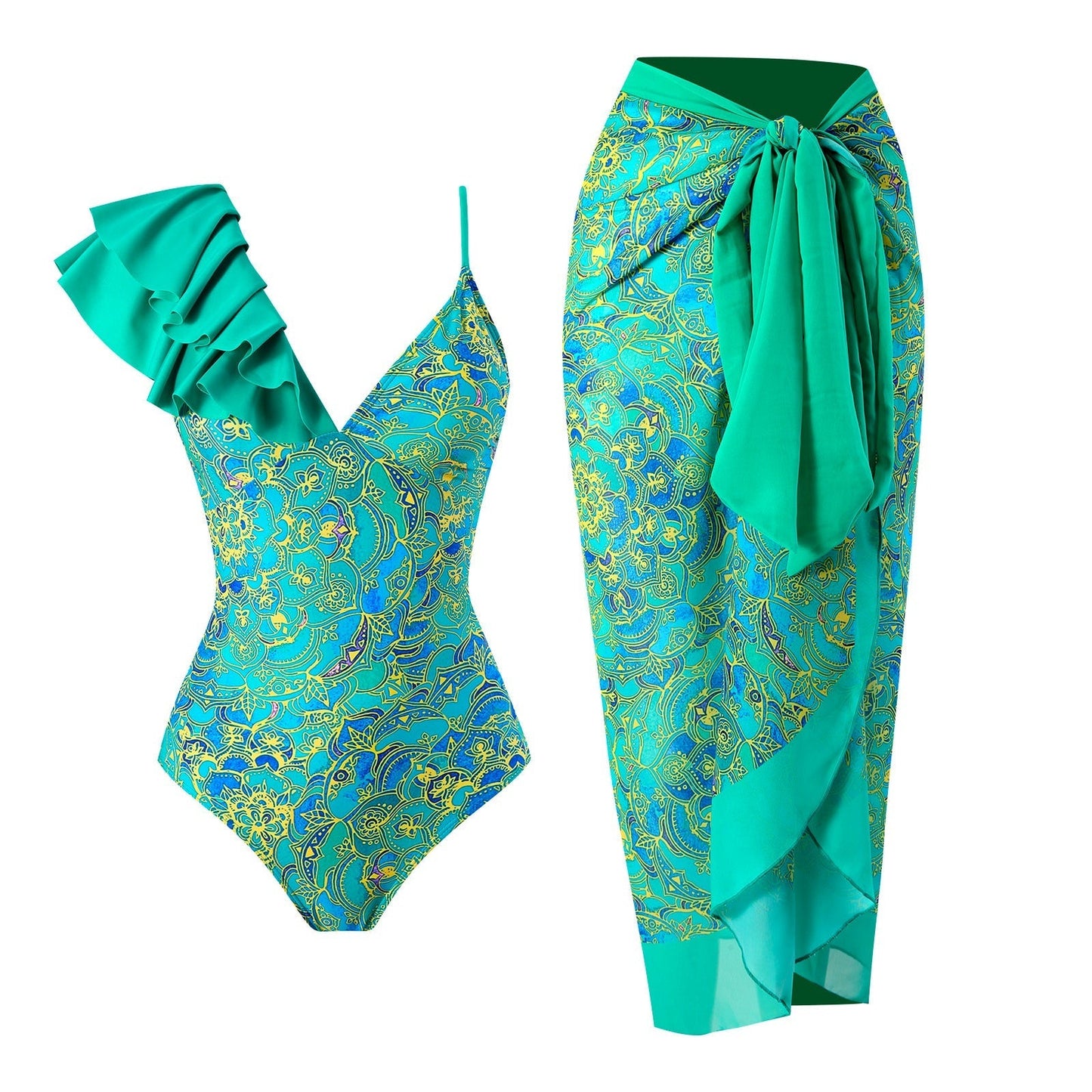 Conjunto de traje de baño de una pieza con volantes y escote en V con falda pareo