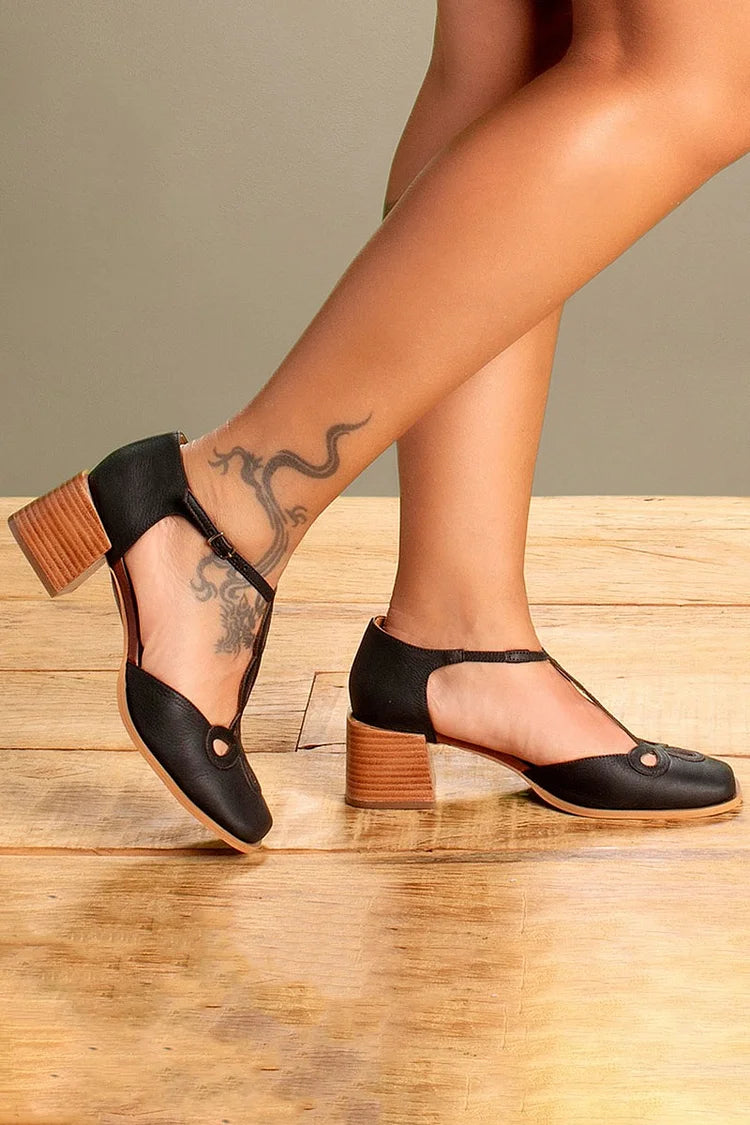 Square Toe Hollow Out T-Strap Buckle Low Heels