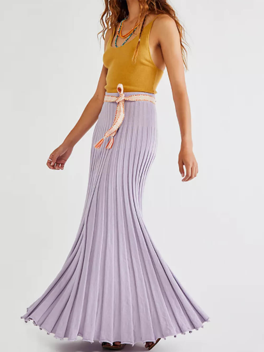 Ribbed Knit Maxi Skirt Tie Waist