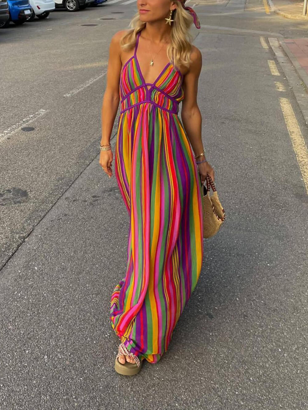 Stripe Print V-Neck Maxi Dress