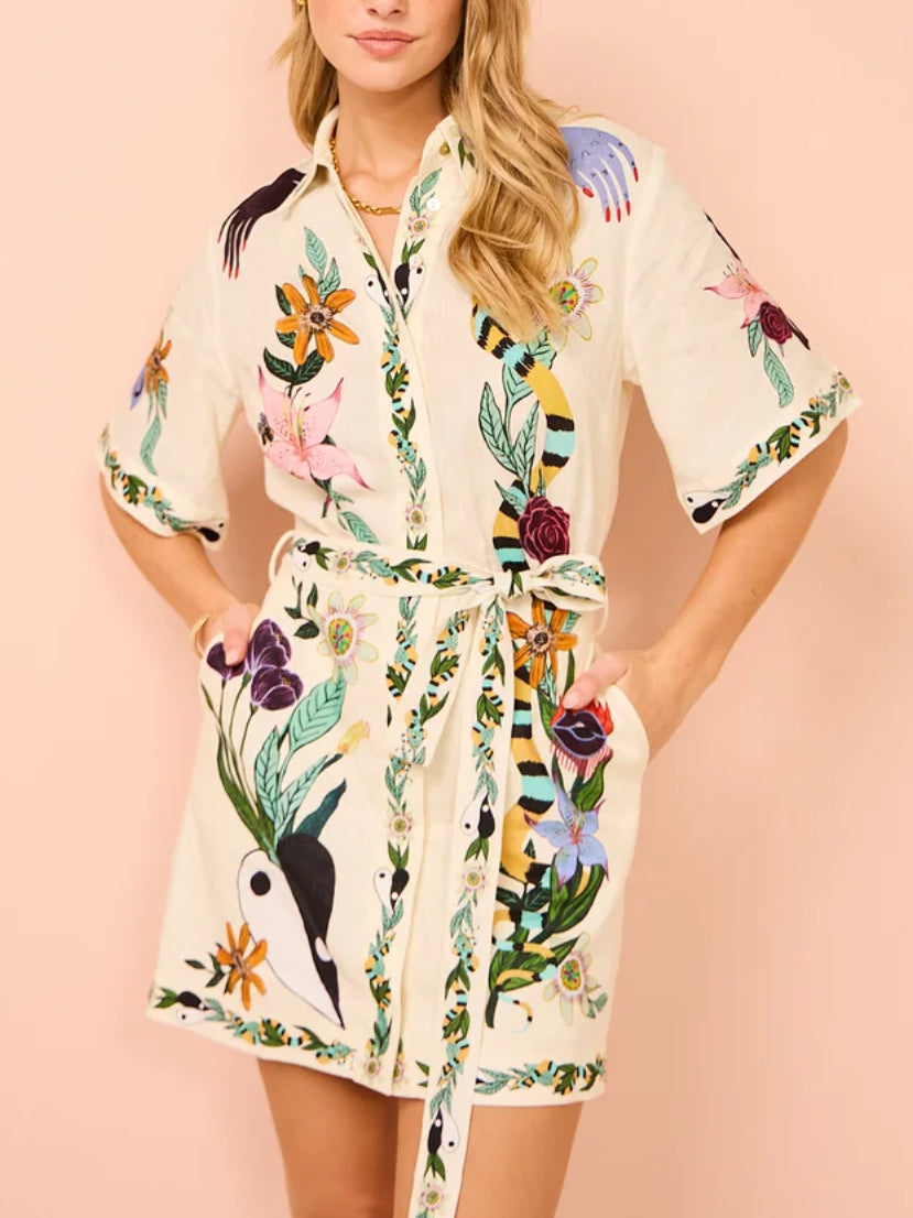 Satin Unique Print Mini Shirt Dress Belted Short Sleeve