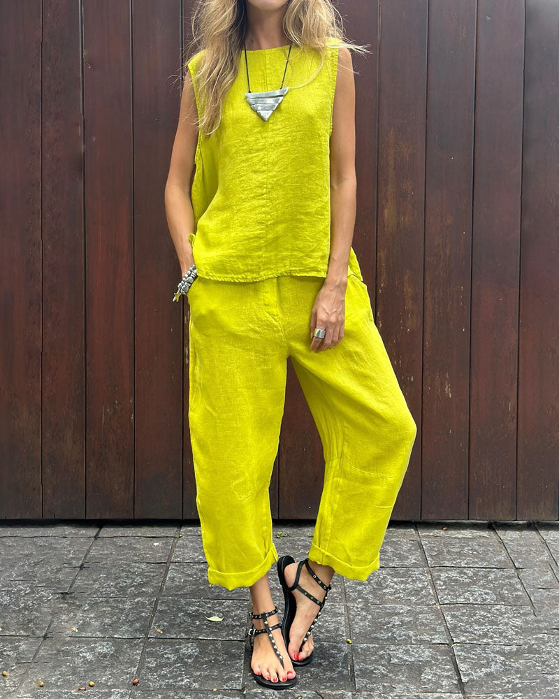 Casual Sleeveless Round Neck Vest Cotton Linen Wide Leg Pants Set