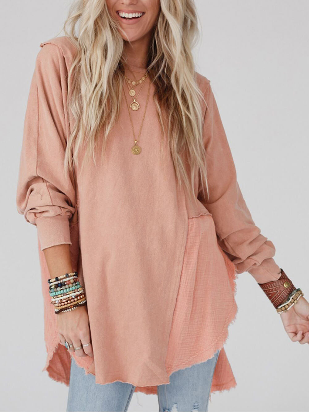 Lässiges Patchwork-Oversized-Langarmhemd mit offenem Saum