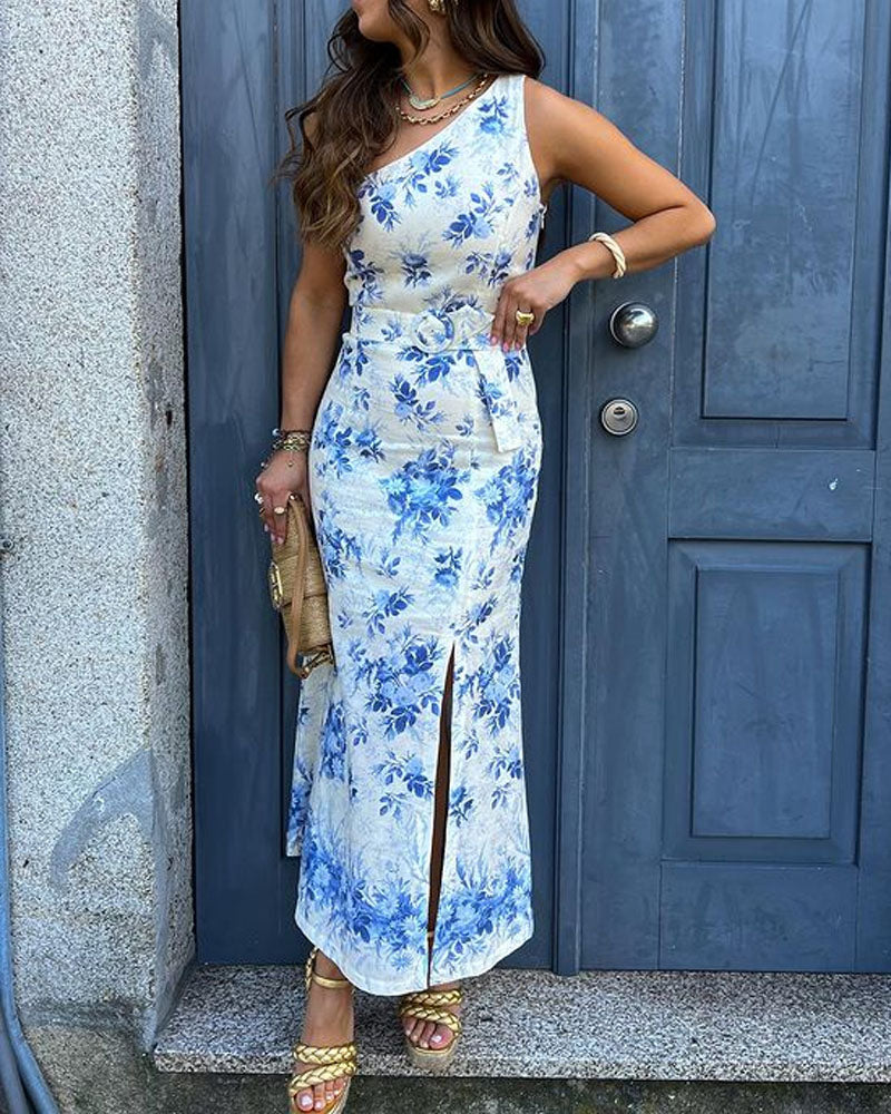Elegant Vacation One-Shoulder Slit Print Two-Piece Set