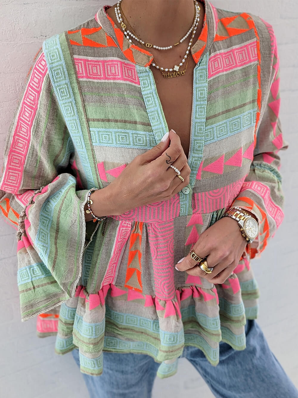 Geometric Print Peplum Long Sleeve Blouse