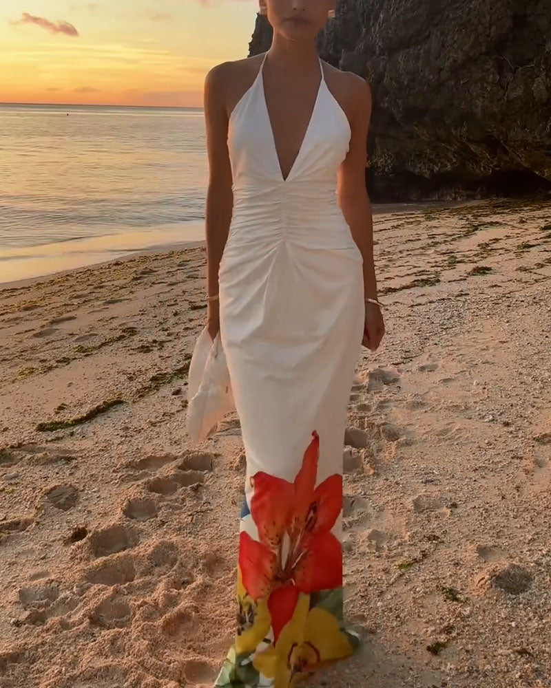 Halter Neck Ruched Floral Maxi Dress