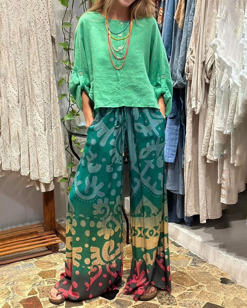 Button-Tab Roll-Sleeve Linen-Texture Top and Drawstring Printed Wide-Leg Pants Set
