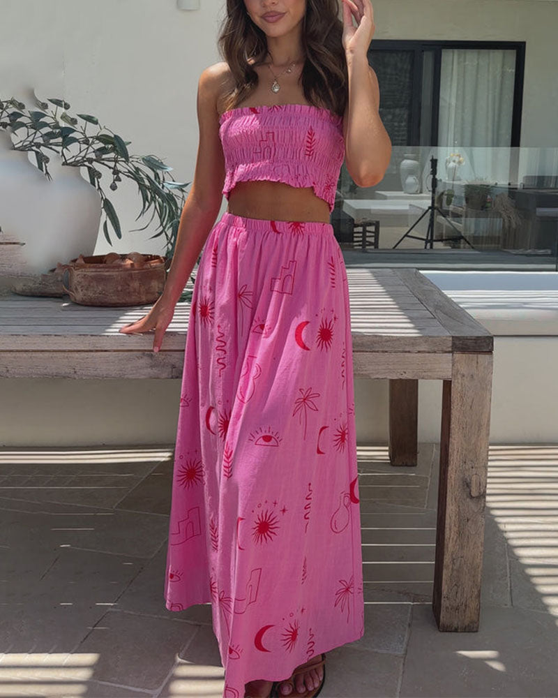 Strapless smocked crop top and midi skirt set
