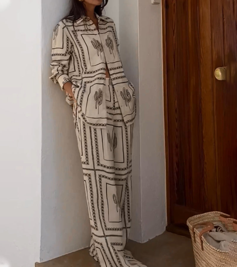 Abstract Geometric Line Print Two-Piece Long Sleeve Shirt and Wide-Leg Pants Set