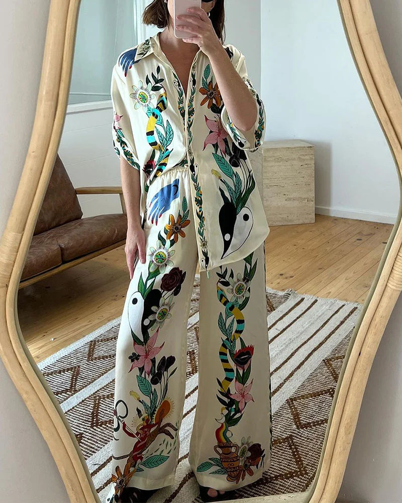 Set aus lässigem Hemd mit Blumen-Dschungel-Print und weiten Hosen