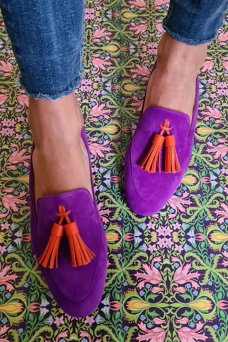 Contrast Tassels Trim Matte Faux Suede Retro Loafers