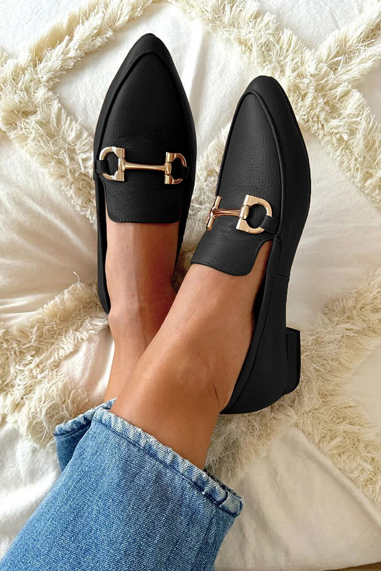Metallic Buckle Pointed Toe Casual Loafers