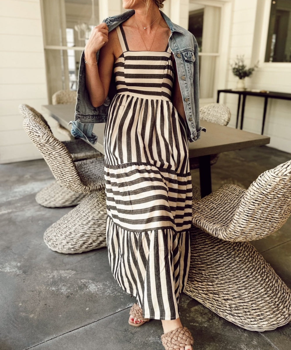 Square Neck Tiered Striped Maxi Dress