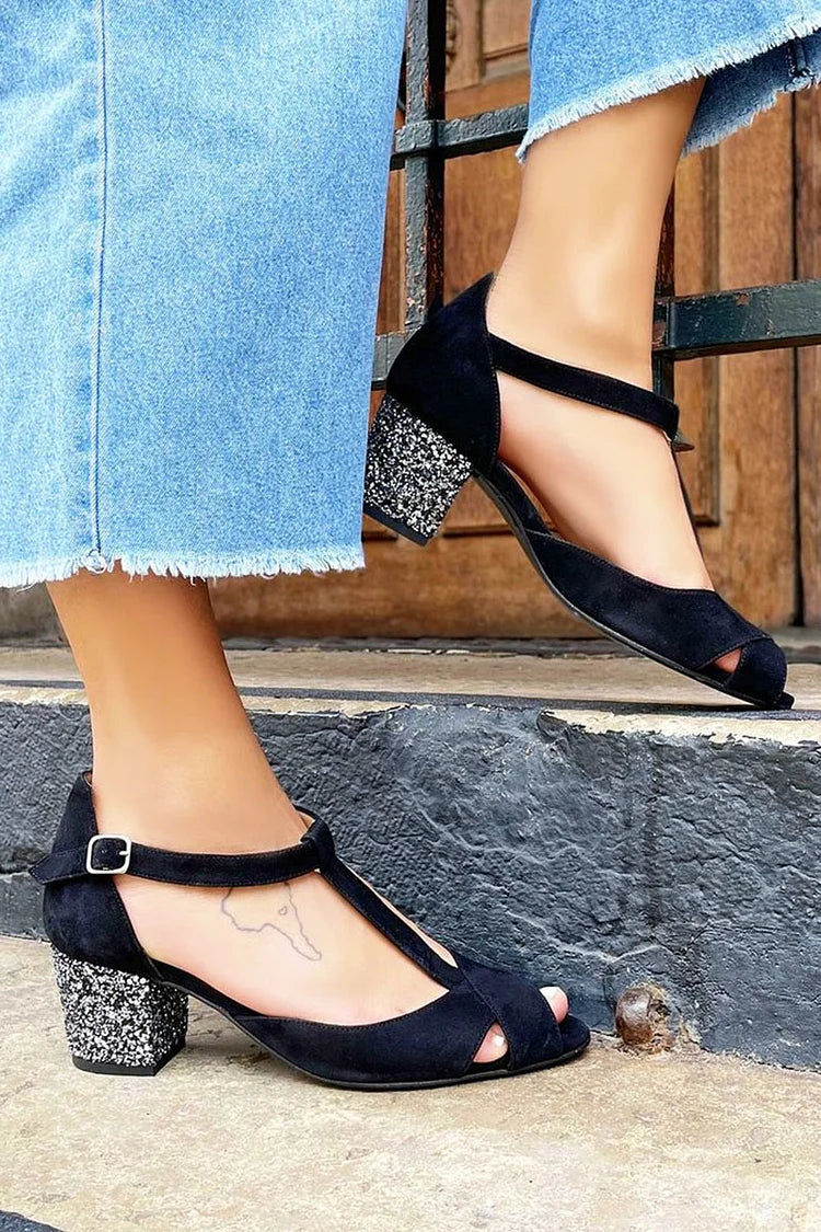 T-Strap Buckle Cutout Peep Toe Glitter Chunky Heels
