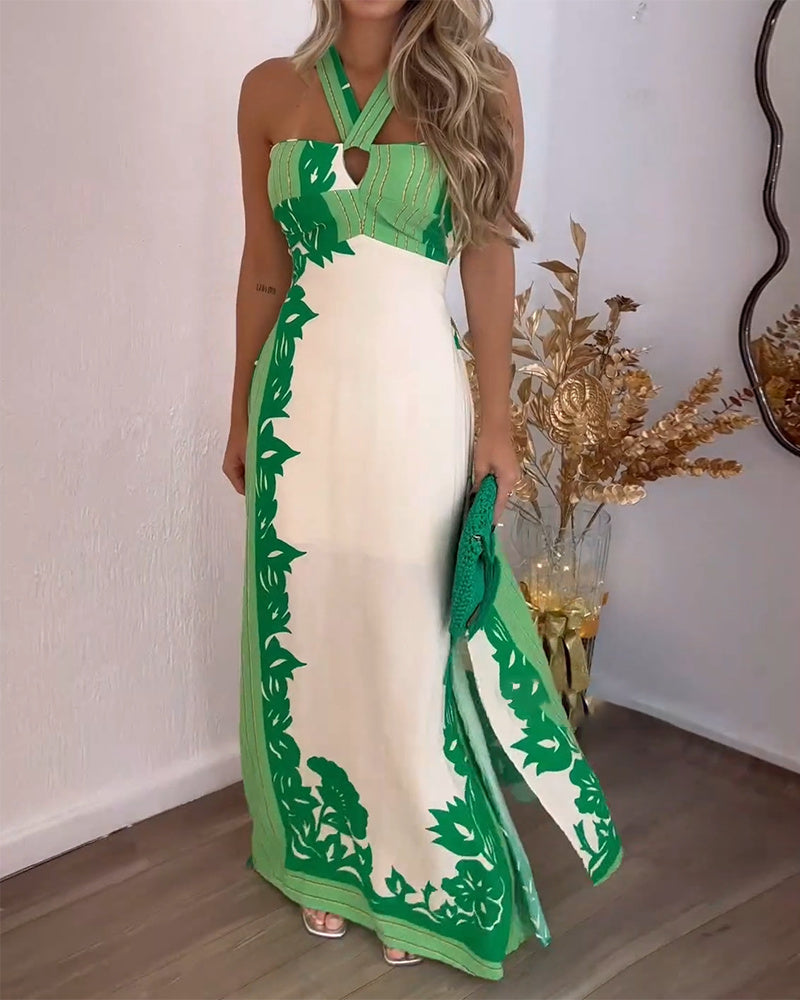 Neckholder-Maxikleid mit überkreuztem, ausgeschnittenem Blumenmuster