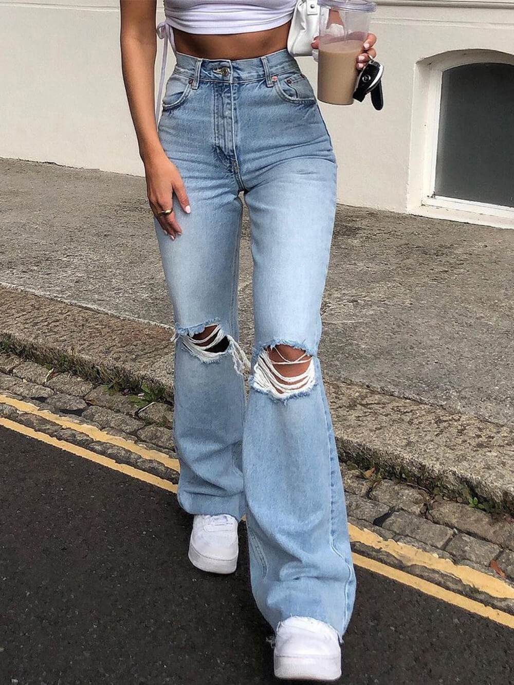 High-Waisted Ripped Distressed Bootcut Jeans