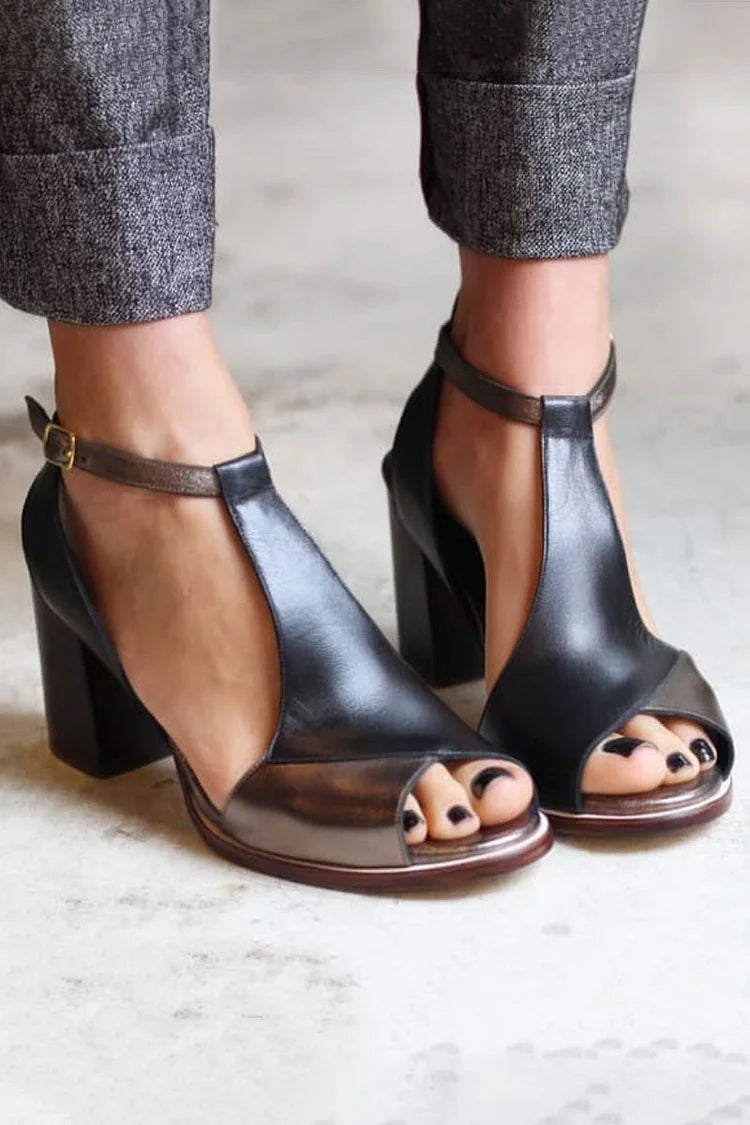 Patchwork Leather Peep Toe Ankle Strap Chunky Block Heels