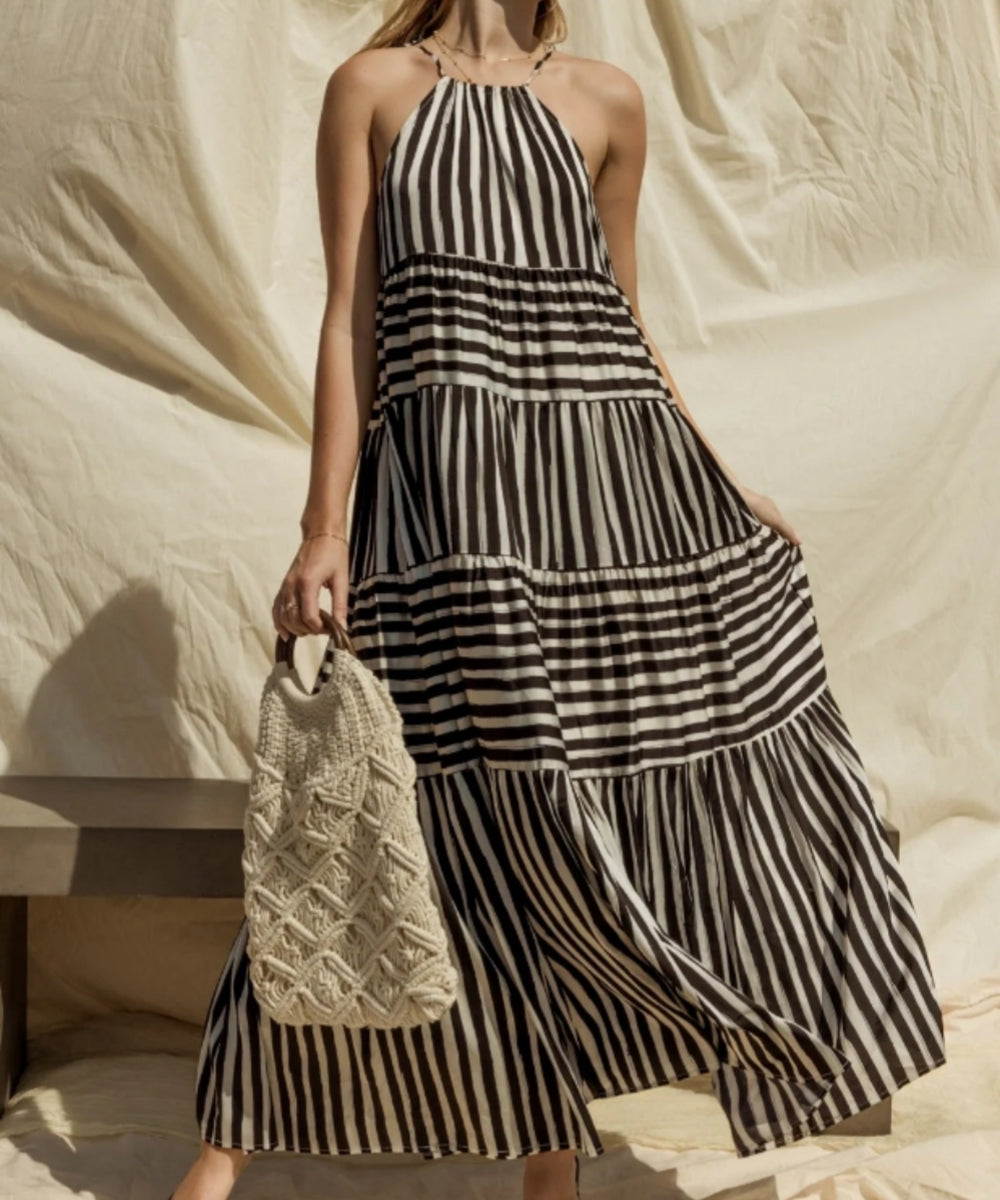 Halter Neck Tiered Striped Maxi Dress