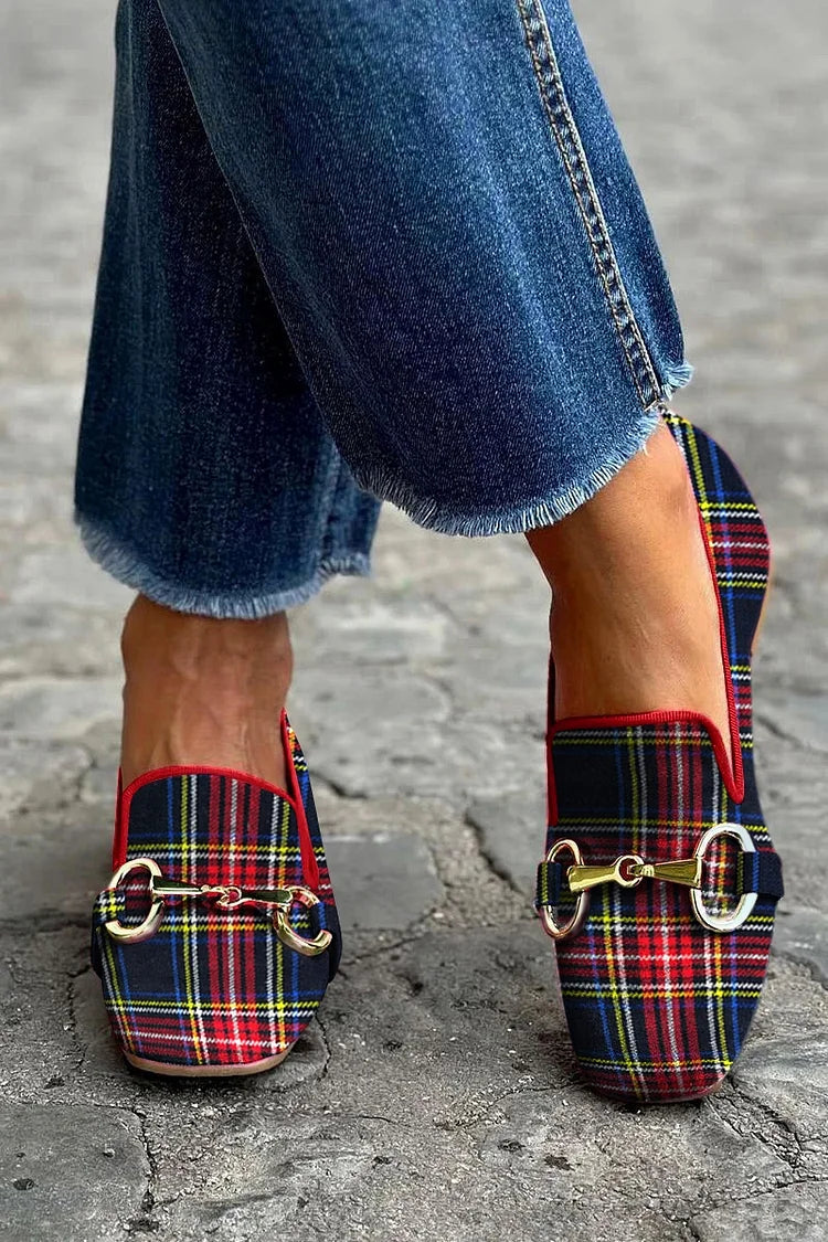 Metallic Buckle Decor Plaid Square Toe Slip On Loafers