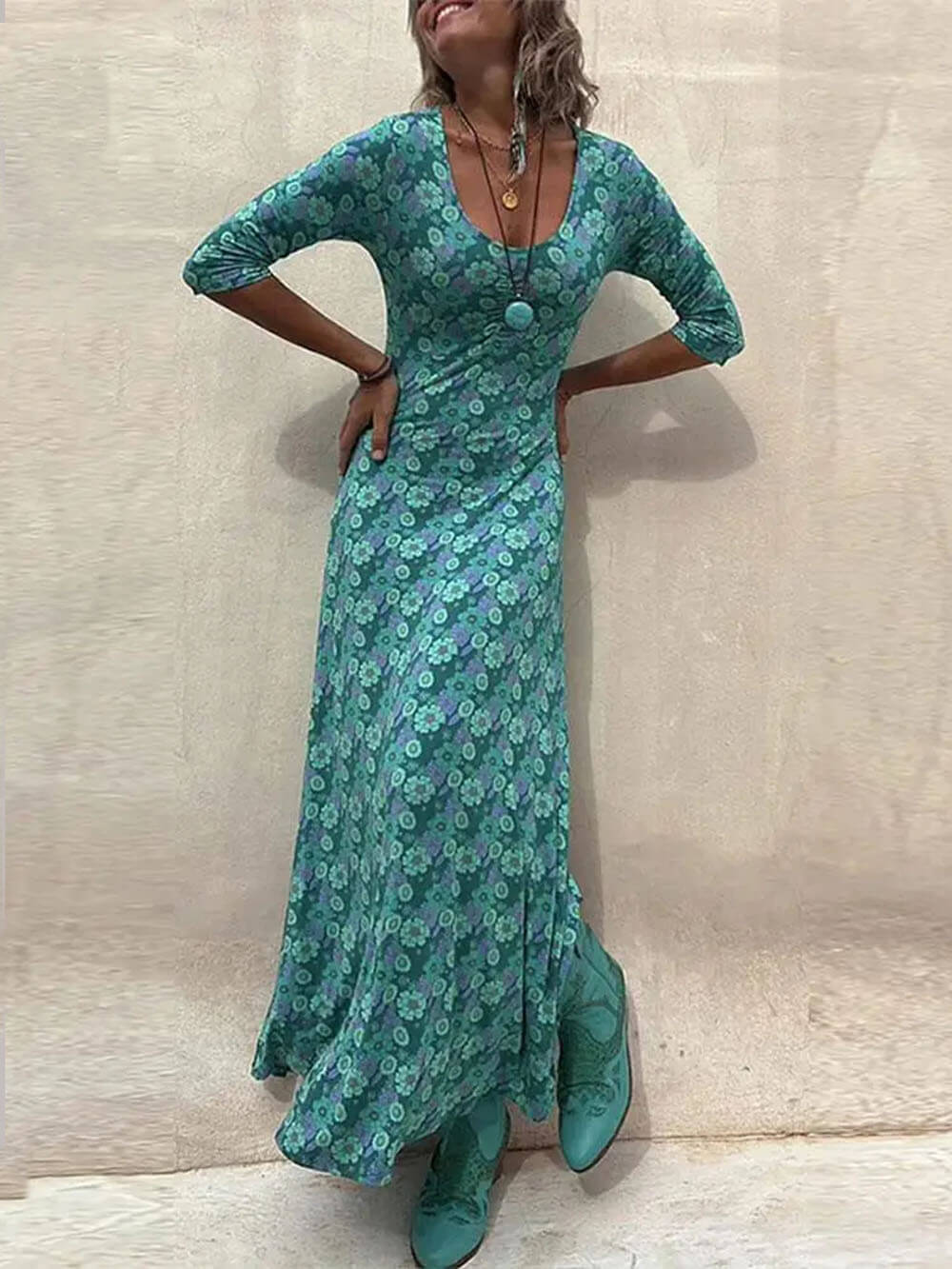 Floral Print Scoop Neck Midi Dress