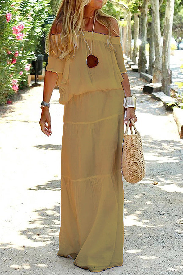 Casual Off Shoulder Ruffle Tiered Beach Maxi Dress
