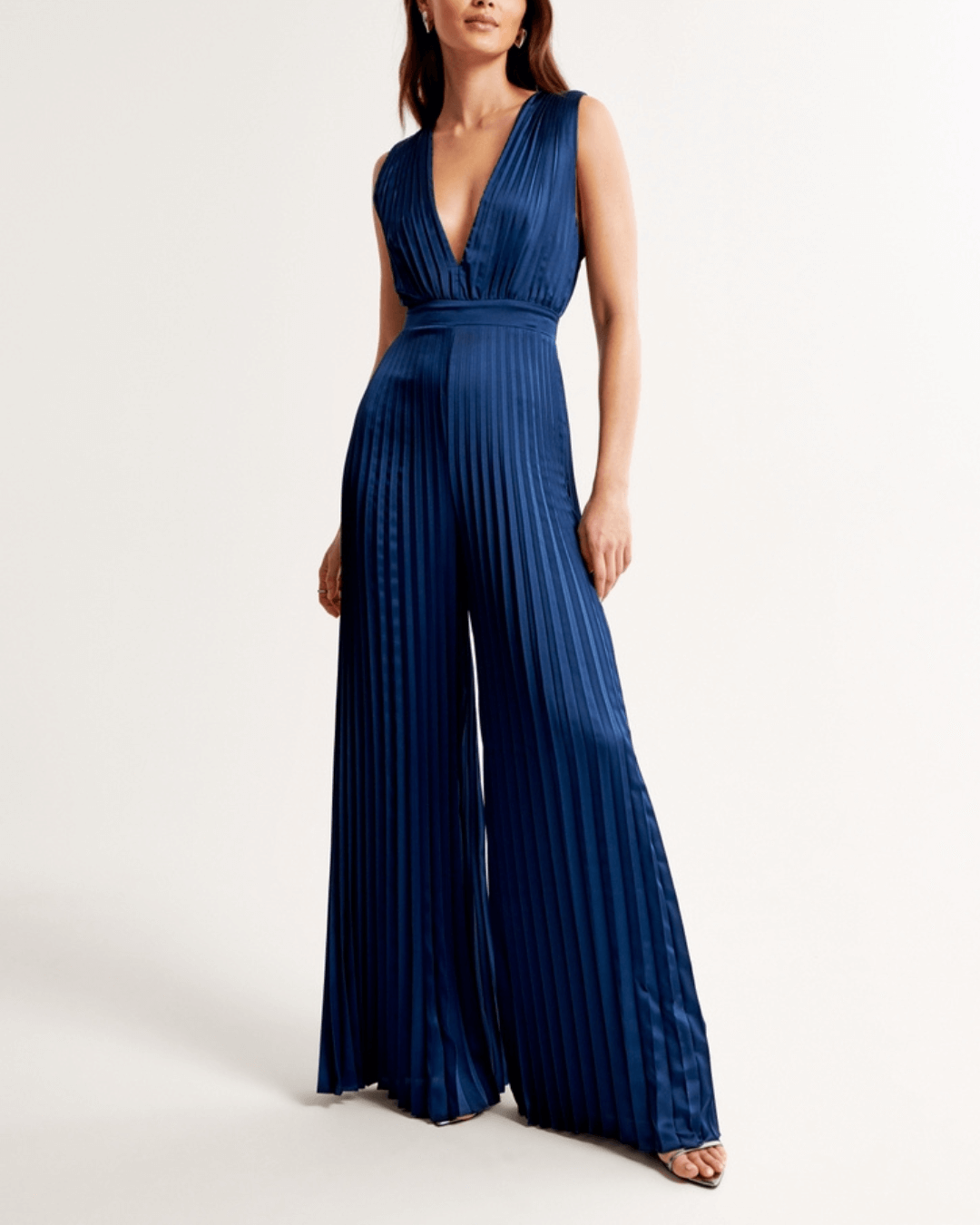 Sleeveless Satin Pleated Wide Leg Jumpsuit