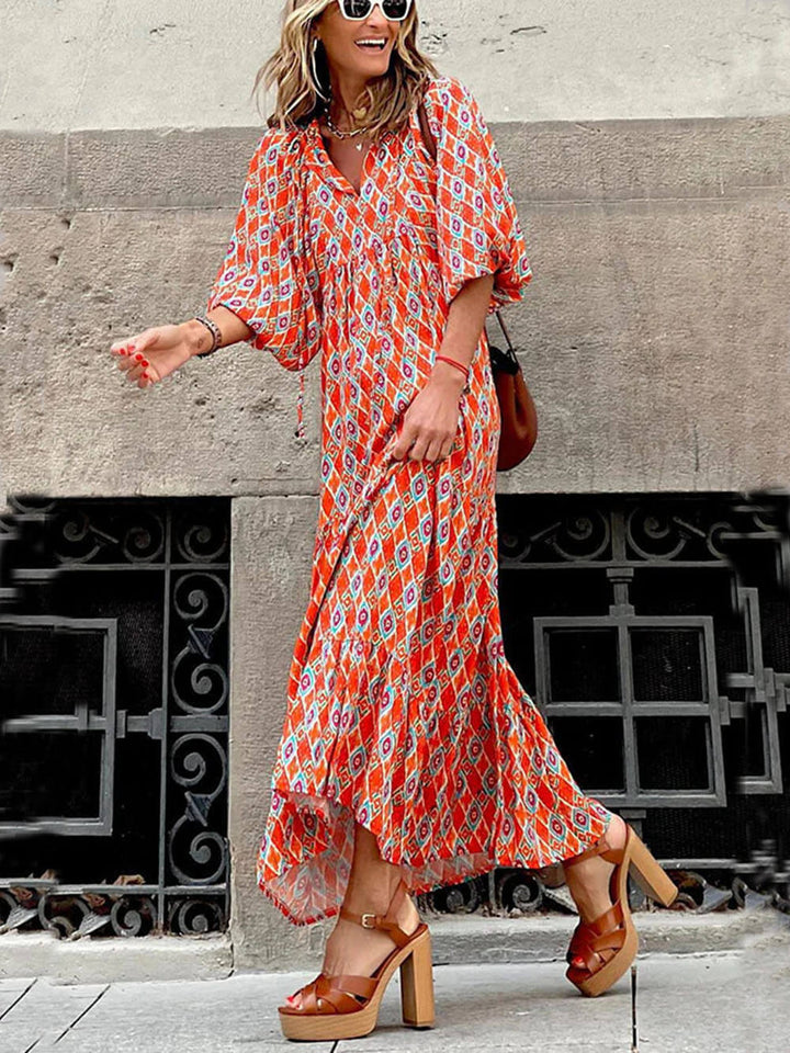 V-Neck Floral Print Lantern Sleeve Tiered Maxi Dress
